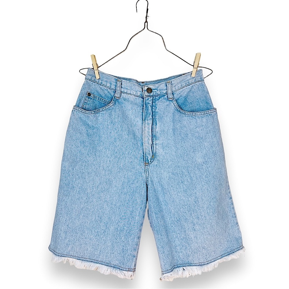 80s Wide Leg Denim Shorts Light Wash 10 High Waist Bermuda Frayed Hems Relaxed